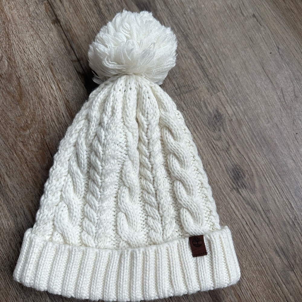 Timberland White Knit Pom-Pom Beanie